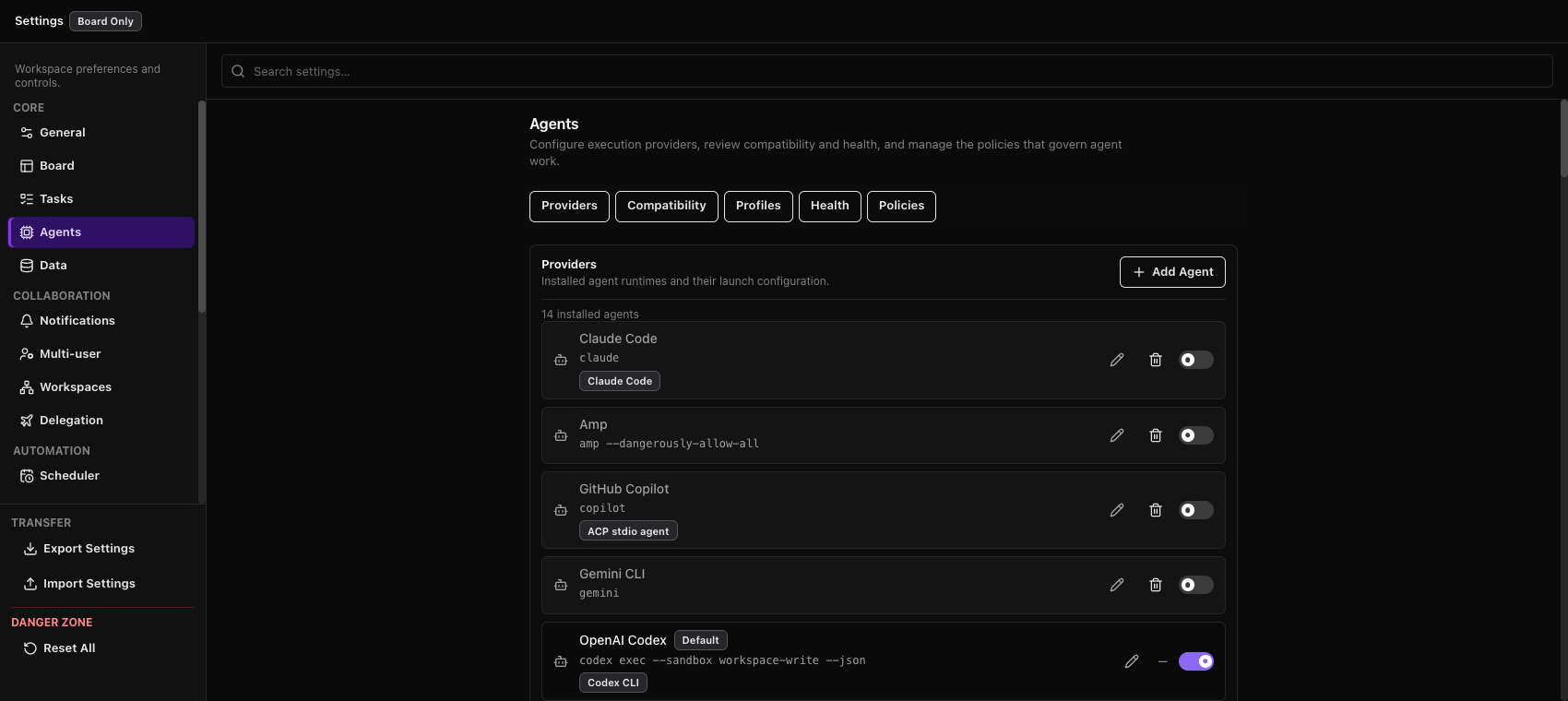 Agent provider settings